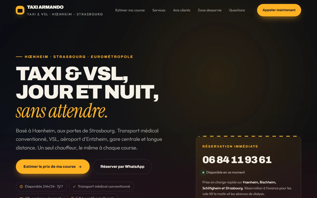 Page d'accueil du site Taxi Armando : titre « Taxi & VSL, jour et nuit, sans attendre », numéro de téléphone et bouton d'estimation de course.